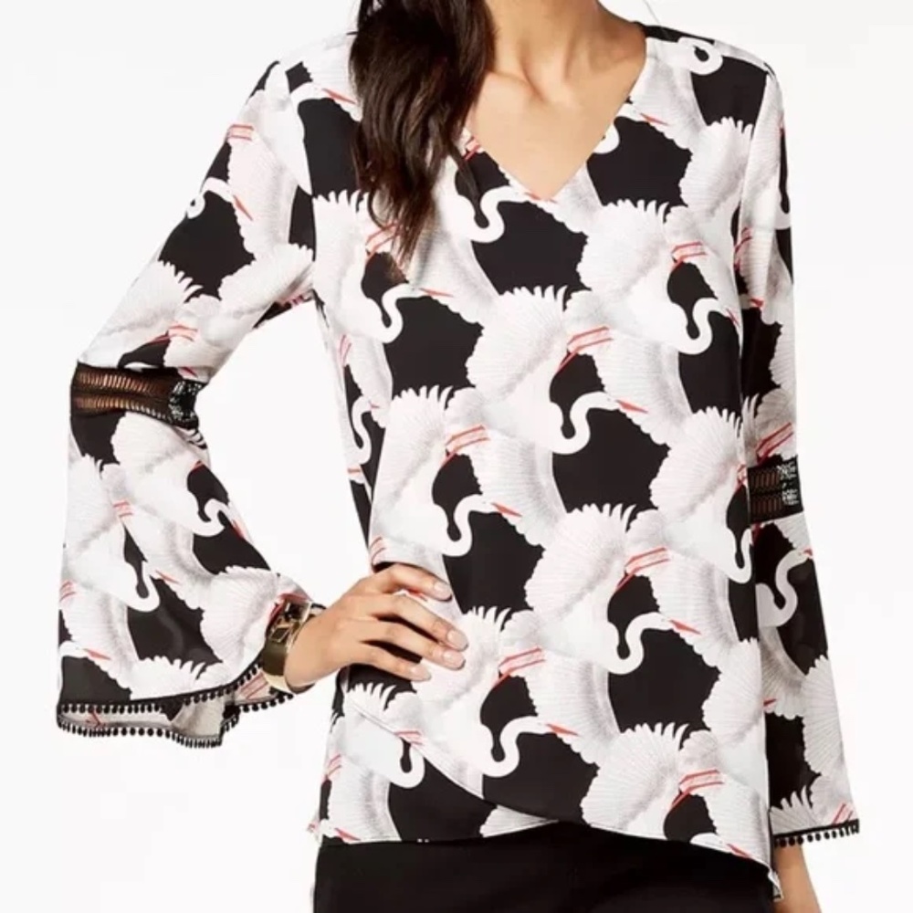 Alfani Crane Printed Bell Sleeve Blouse
